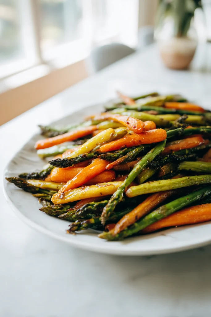 Oven-Roasted Asparagus and Carrots 4 A serving platter with Oven-Roasted Asparagus and Carrots featuring golden, crisp textures and vibrant veggies.