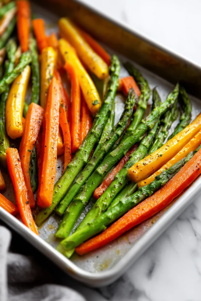 Oven-Roasted Asparagus and Carrots 3 Colorful asparagus and carrots arranged in a single layer on a baking sheet for Oven-Roasted Asparagus and Carrots.
