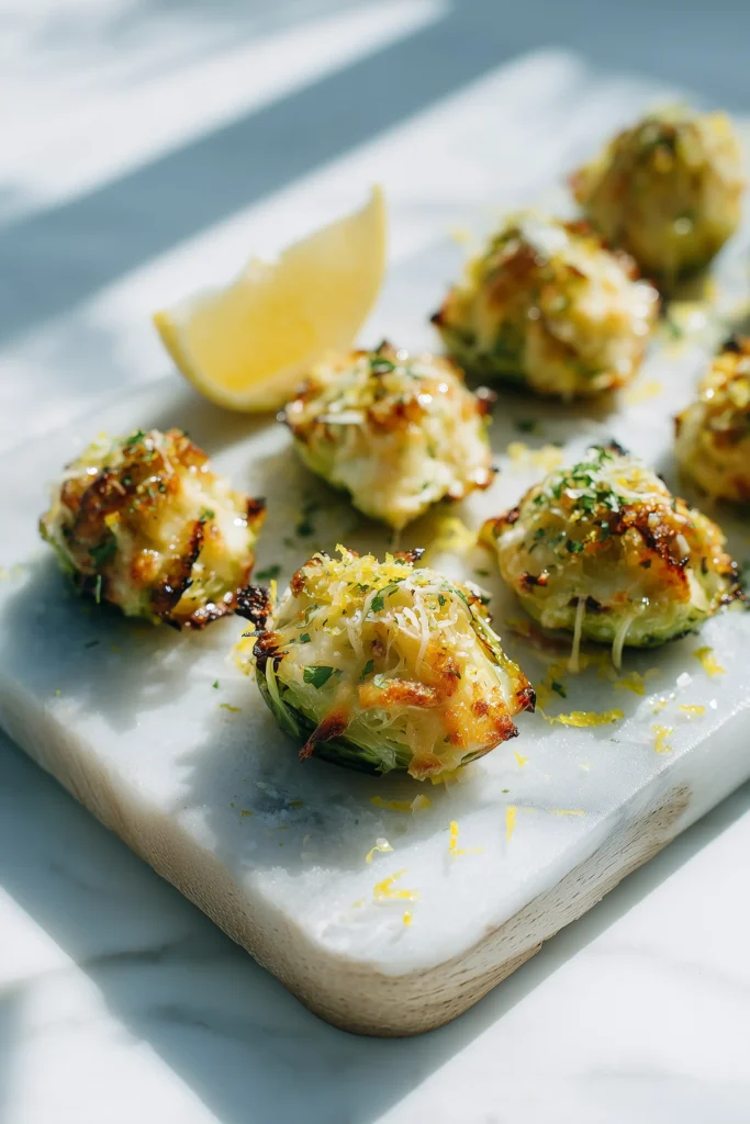 A close-up of oven Roasted Brussels Sprouts with Parmesan on a tray, showing crispy edges and melted cheese.