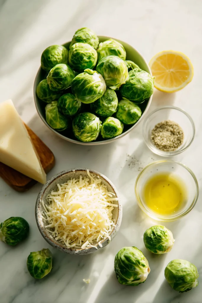 An overhead image of ingredients for oven Roasted Brussels Sprouts with Parmesan on marble, including sprouts, cheese, oil, and spices.