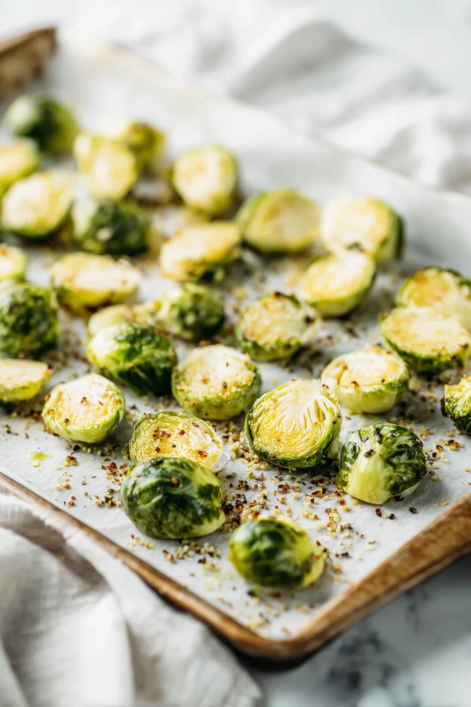 Brussels sprouts cut side down on a lined baking sheet, ready to become oven Roasted Brussels Sprouts with Parmesan.