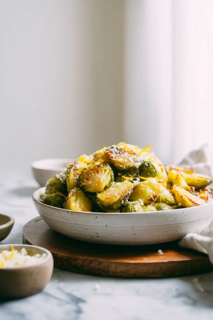 A bowl of oven Roasted Brussels Sprouts with Parmesan, steaming and topped with cheese and zest, placed on a light table.