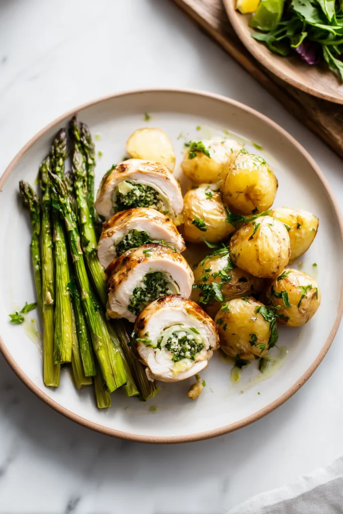 Plated Best Stuffed Chicken Breast with Asparagus with sides of herby potatoes and greens in a bright, inviting setting.