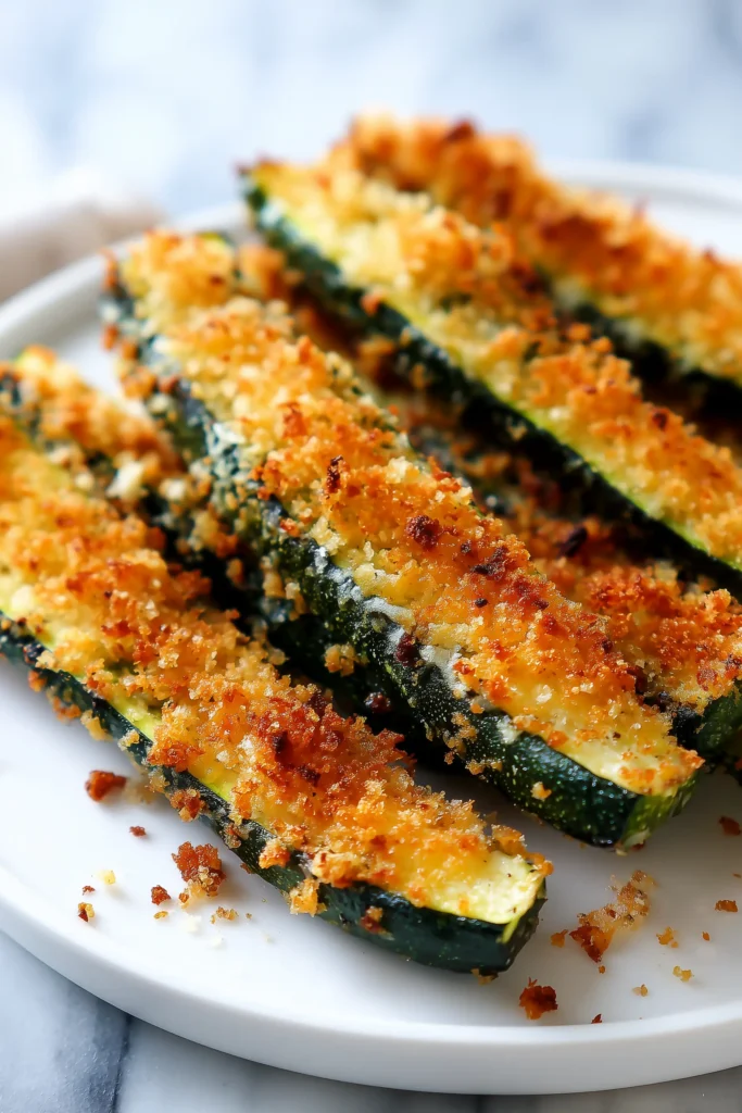Golden Parmesan Crusted Zucchini Wedges on a white platter, coated in crispy parmesan and panko.