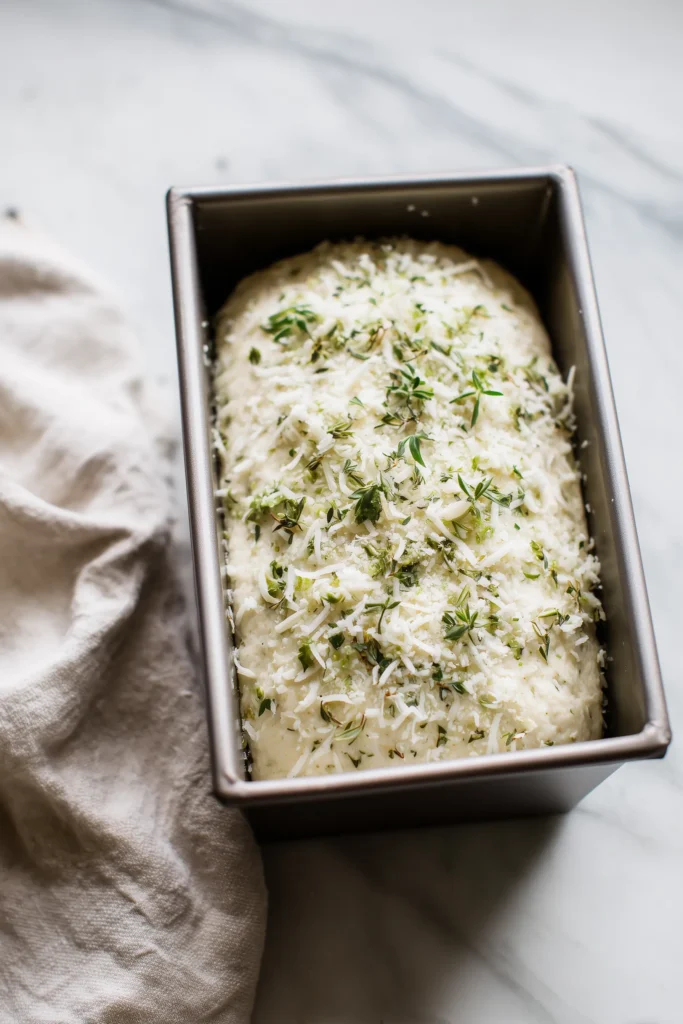 Parmesan Herb Keto Bread 3 Loaf pan of unbaked Parmesan Herb Keto Bread batter topped with cheese and herbs on a marble surface.