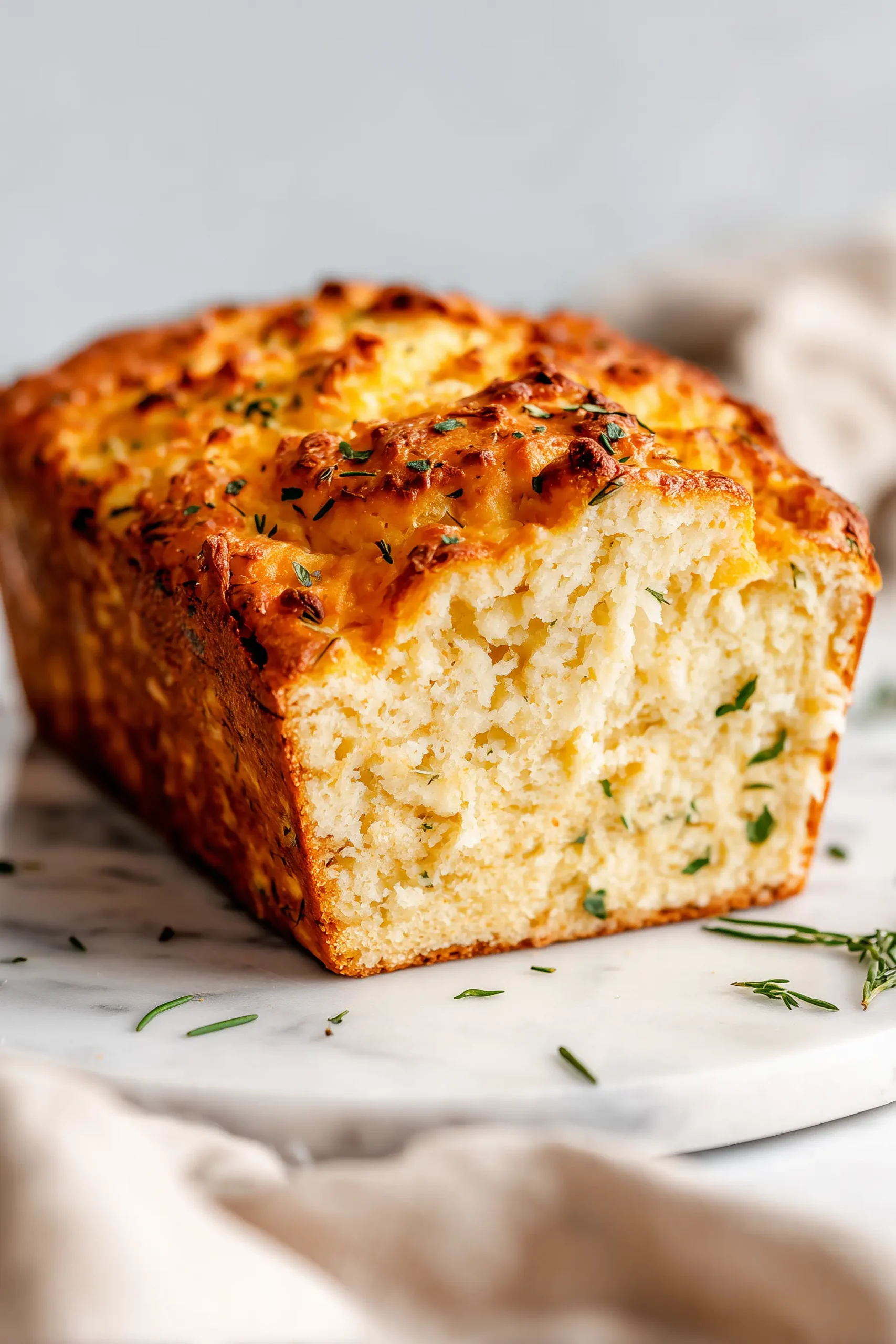 A golden Parmesan Herb Keto Bread loaf with a cheesy crust and tender, herby slices on a marble background.