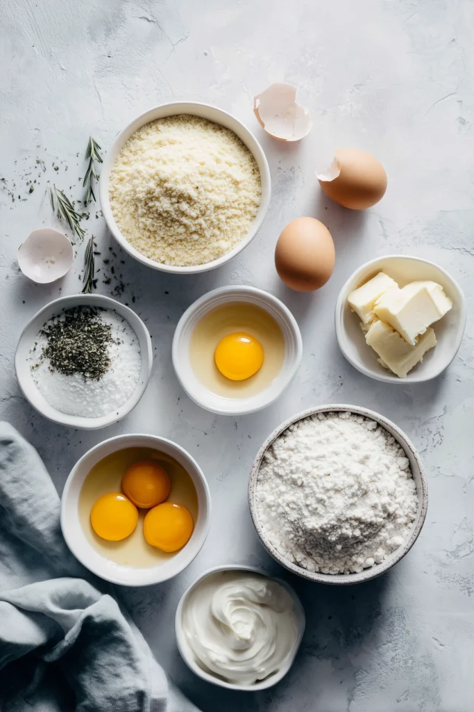 Parmesan Herb Keto Bread 2 Marble background with bowls holding almond flour, cheese, eggs, herbs, and other ingredients for Parmesan Herb Keto Bread.