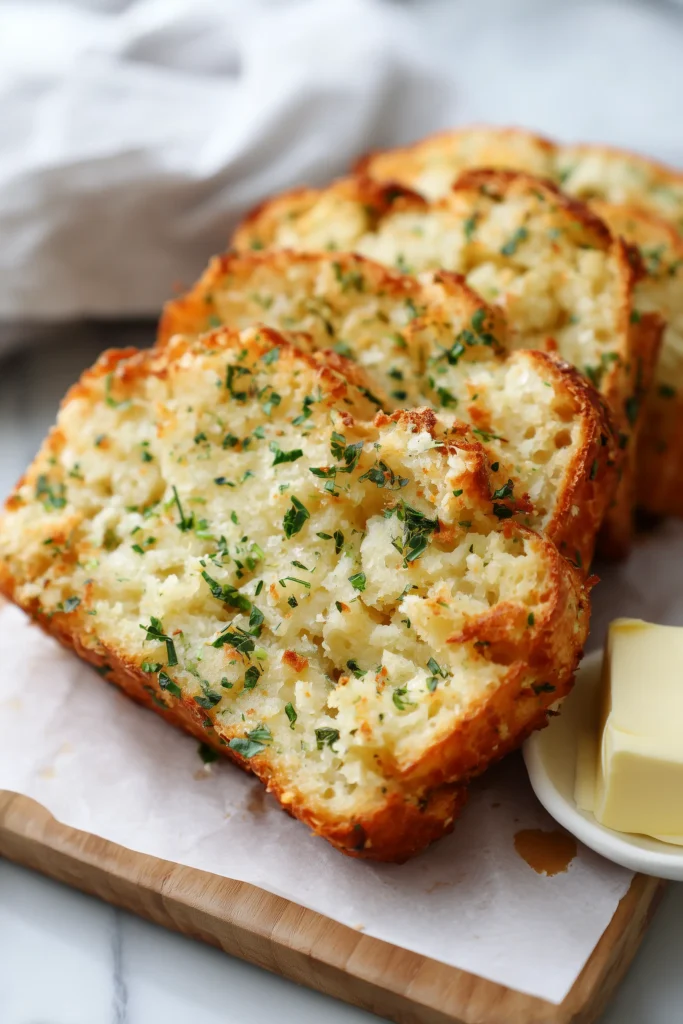 Parmesan Herb Keto Bread 4 Golden slices of Parmesan Herb Keto Bread on a wooden board, showing their herby, moist interior.