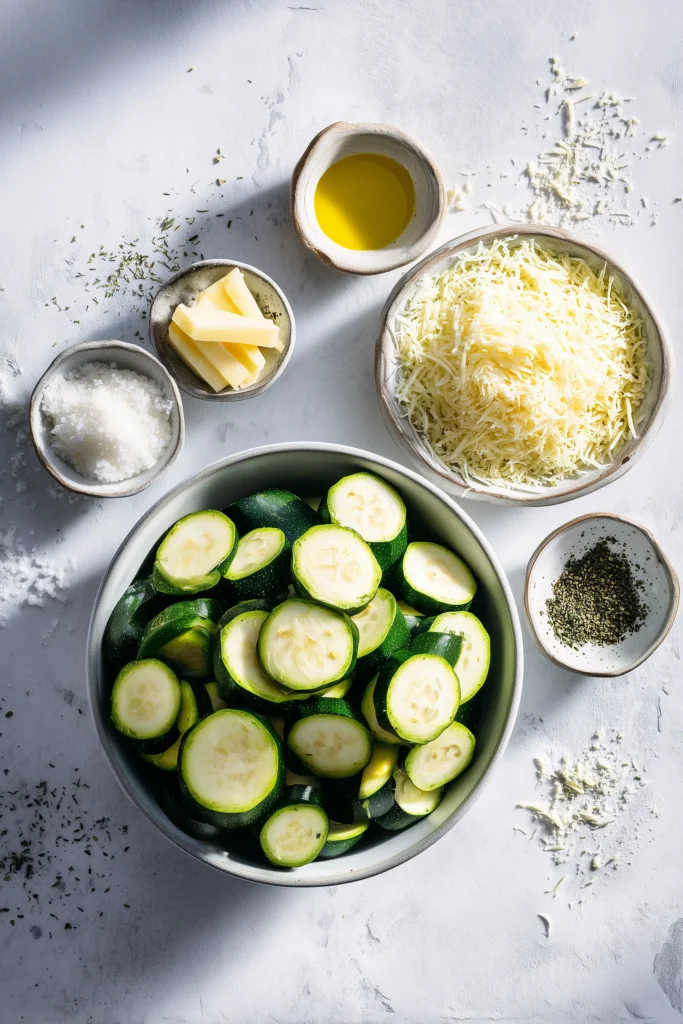 Flat-lay of ingredients for Parmesan Crusted Zucchini Wedges, with bowls of cheese, breadcrumbs, and fresh zucchini.