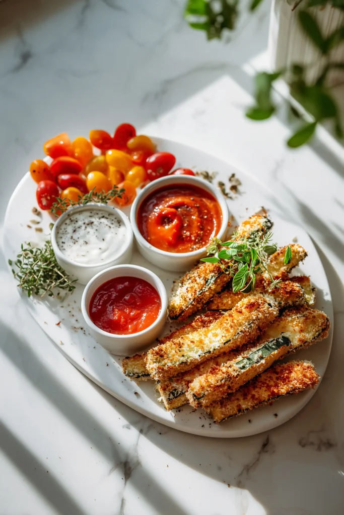 Snack board with Parmesan Crusted Zucchini Wedges, dipping sauces, tomatoes, and mozzarella balls.