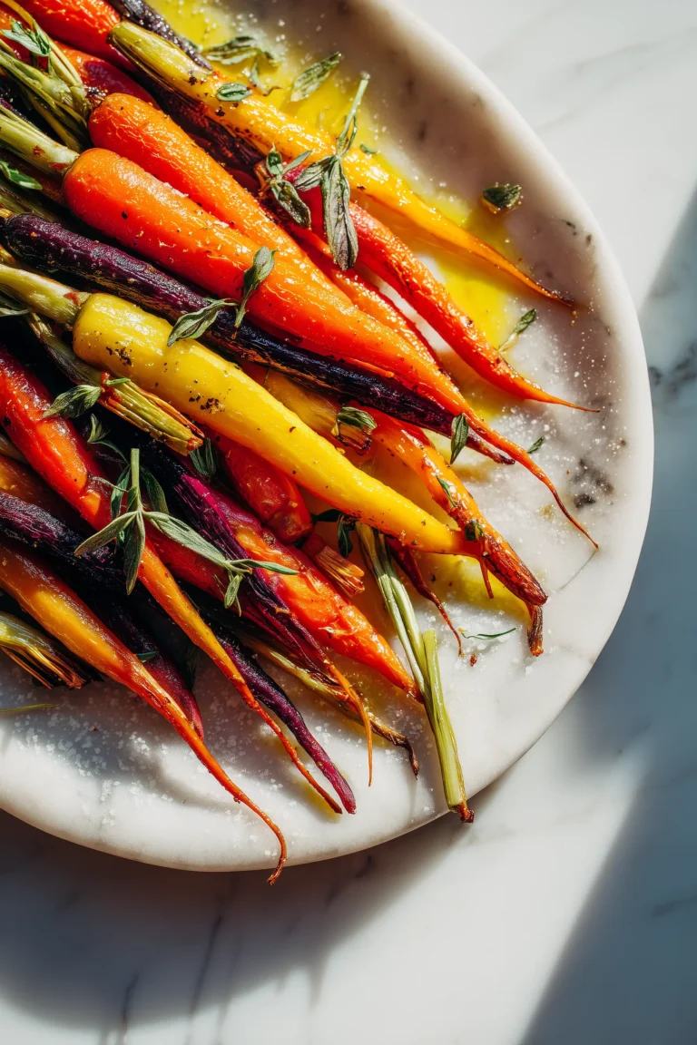 Vibrant roasted heirloom carrots with golden edges and herbs, visually celebrating Colorful Roasted Rainbow Carrots.