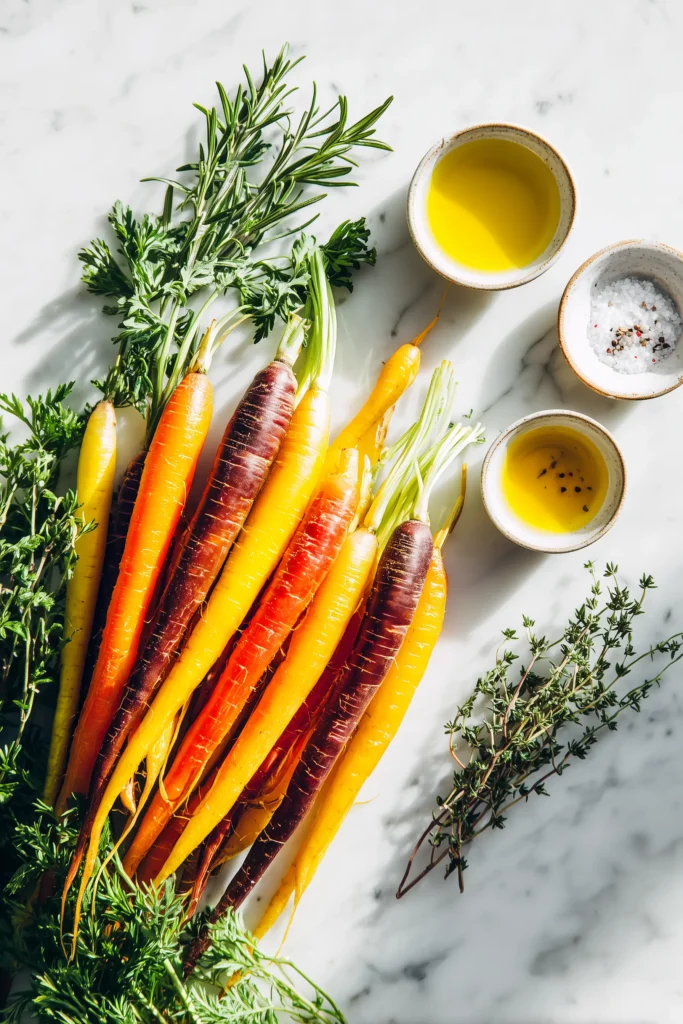 Overhead shot of rainbow carrots and fresh herbs on marble, for the Colorful Roasted Rainbow Carrots recipe.