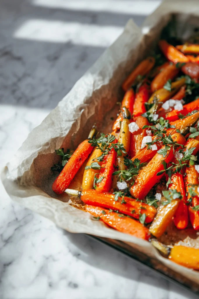 Heirloom carrots with herbs and oil on a sheet pan, prepped for roasting the Colorful Roasted Rainbow Carrots.