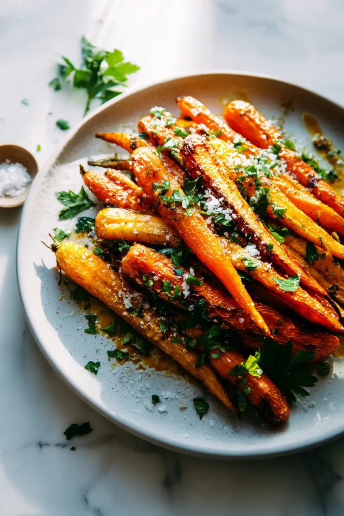 Platter of caramelized roasted rainbow carrots with parsley, showing Colorful Roasted Rainbow Carrots ready for serving.