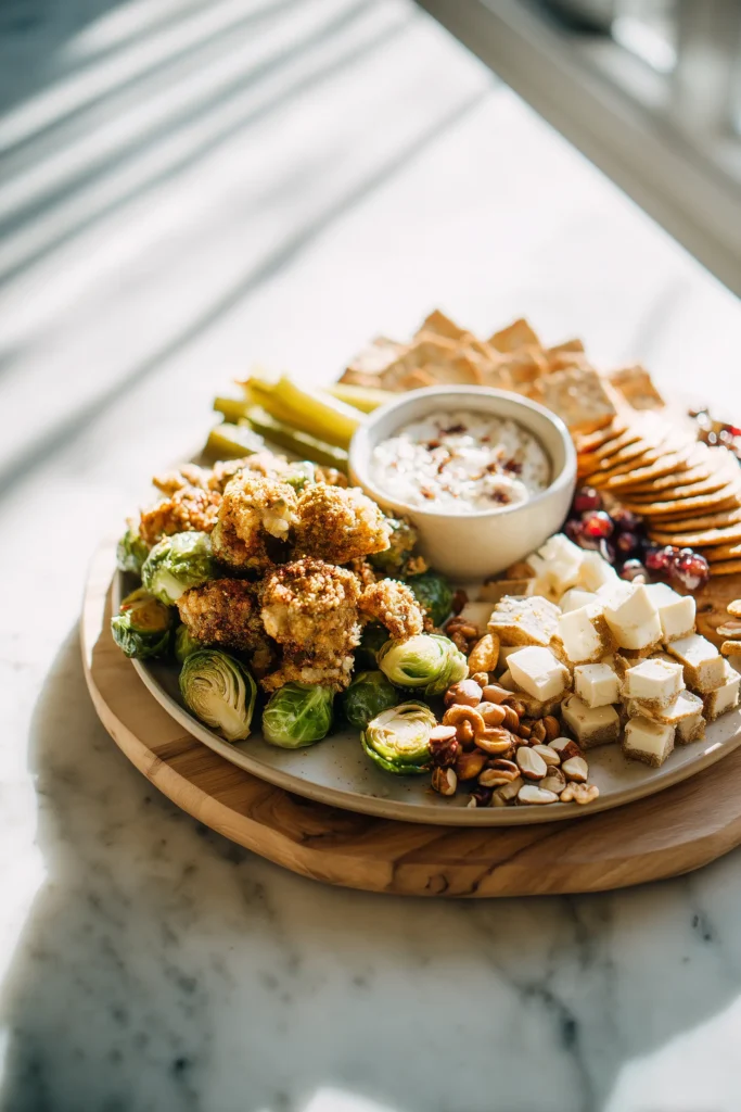 Red Lobster Crispy Brussels Sprouts on a wooden appetizer board with cheese, dip, crackers, and nuts.