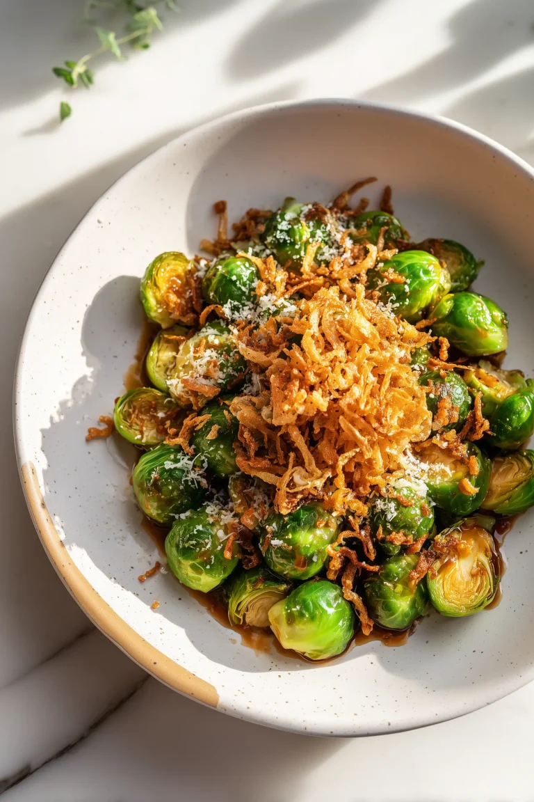 Red Lobster Crispy Brussels Sprouts on a platter, glistening with glaze and topped with crispy onions.