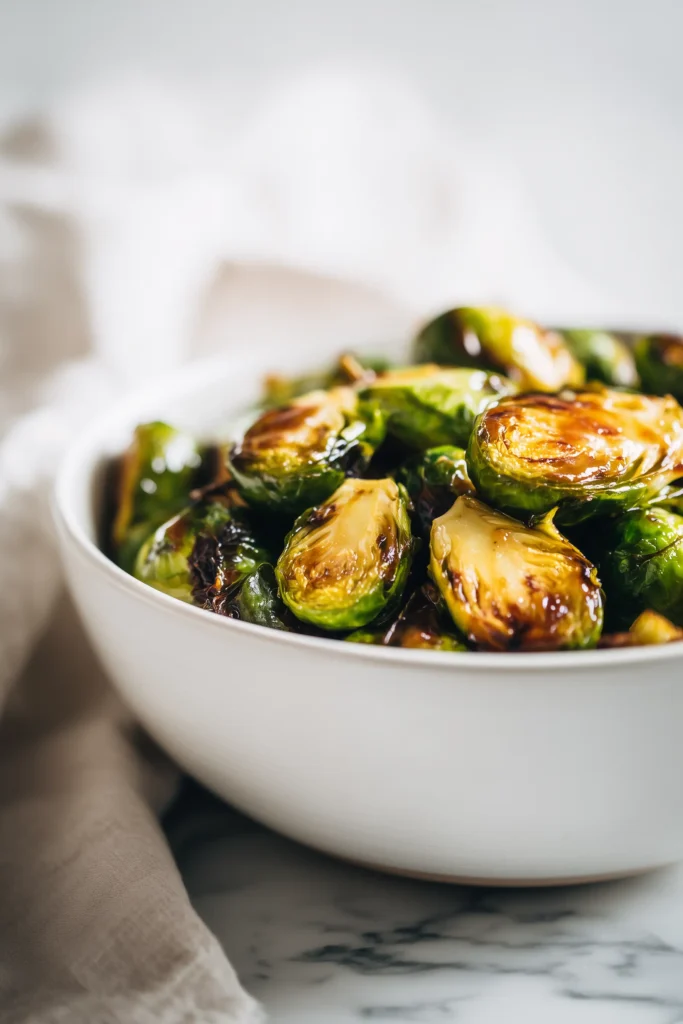 A bowl of Red Lobster Crispy Brussels Sprouts being coated in glaze, showing crispy, glossy edges.