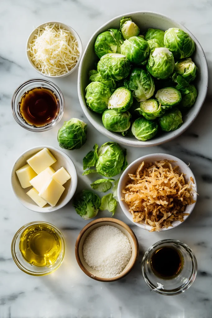 Overhead photo of ingredients for Red Lobster Crispy Brussels Sprouts including Brussels sprouts, sauces, and toppings on marble.