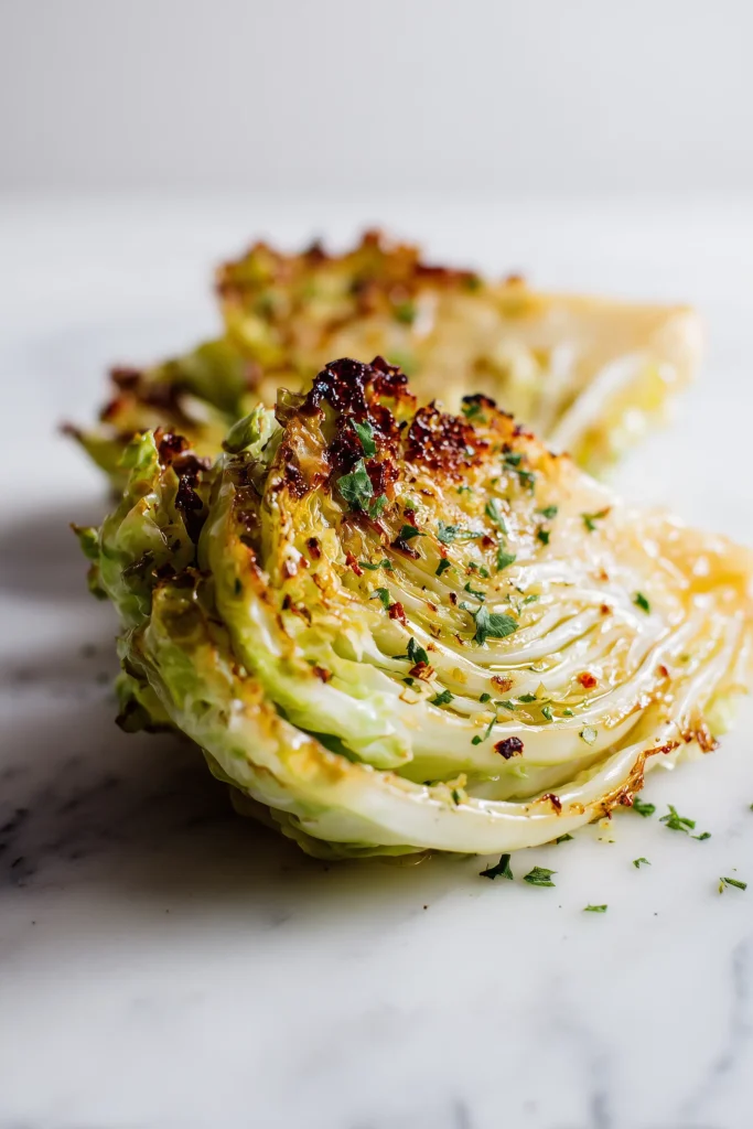 Mouthwatering Roasted Cabbage Steak Spanakopita Melts 3 Detail of crispy golden edges on mouthwatering roasted cabbage steak spanakopita melts with herbs.