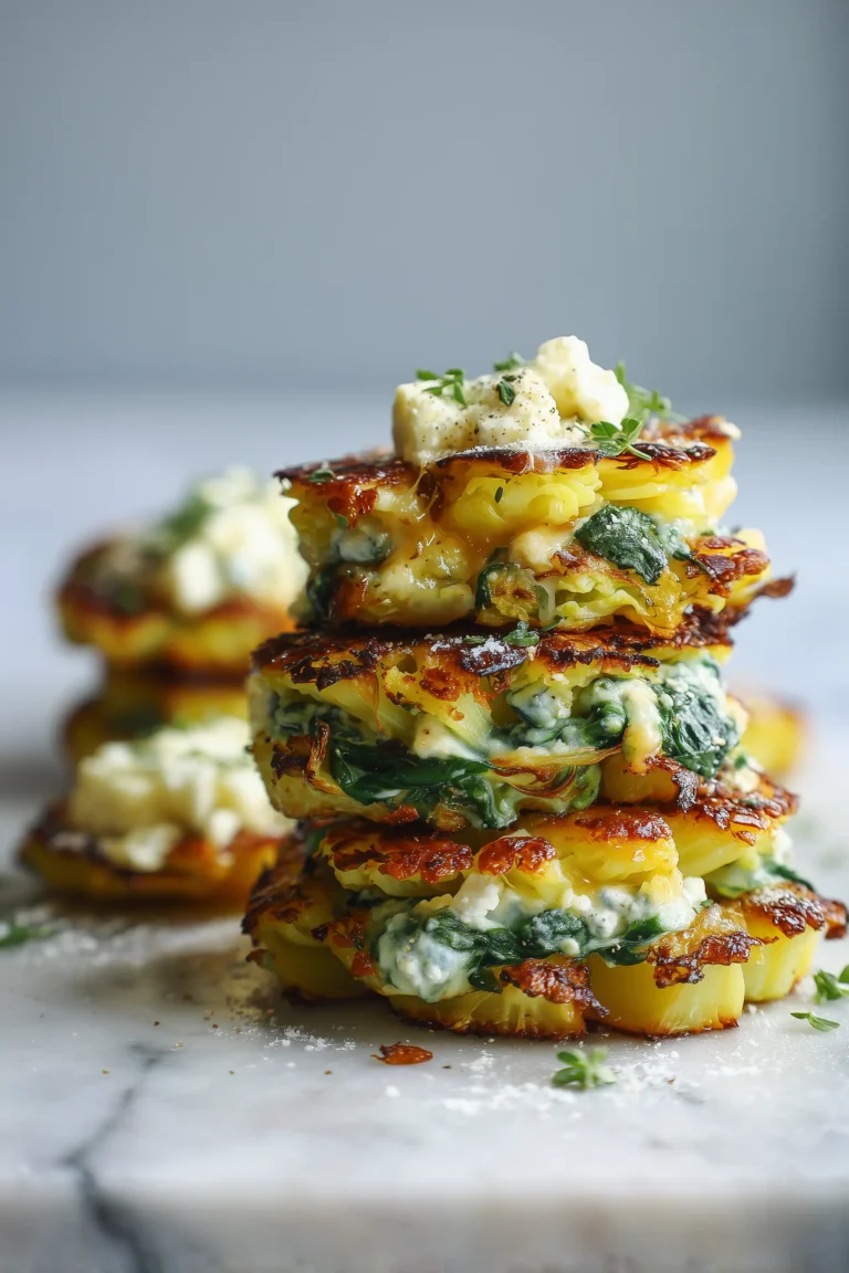 Overhead view of mouthwatering roasted cabbage steak spanakopita melts with golden cheese and creamy spinach on a marble background.