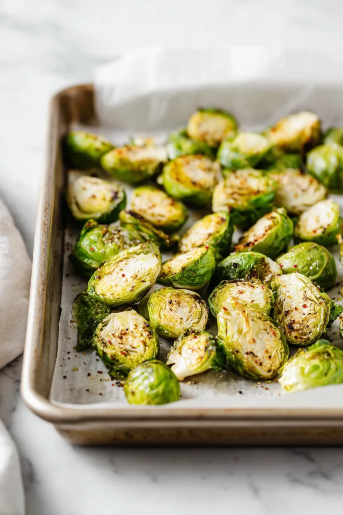 Brussels sprouts roasting on a pan for Crispy Brussel Sprouts With Dijon Aioli.