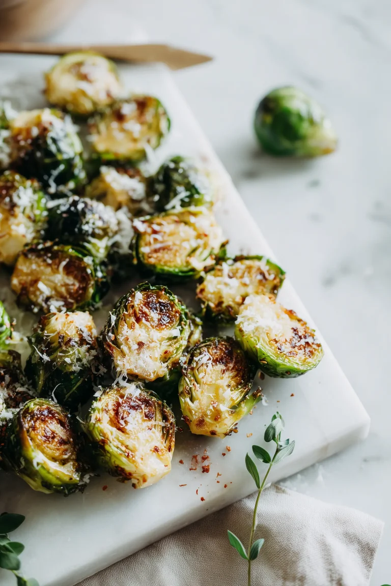 Golden, crispy Saltgrass Steakhouse Brussels Sprouts Recipe with parmesan and smoky paprika on a white marble background.