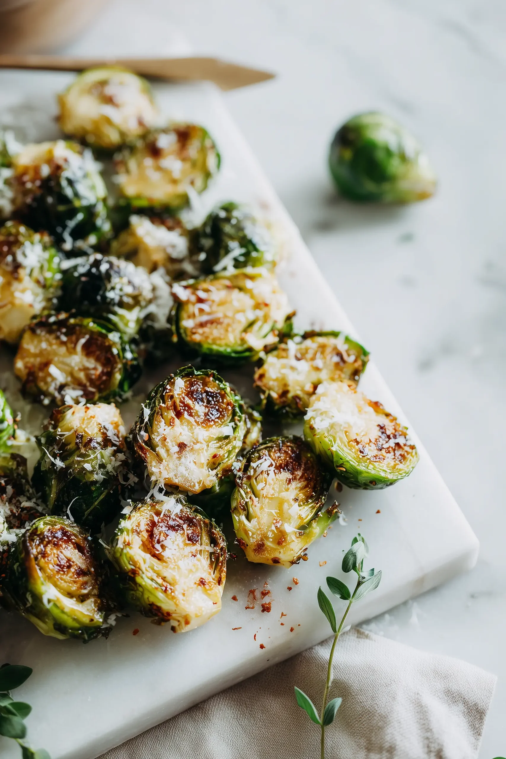 Golden, crispy Saltgrass Steakhouse Brussels Sprouts Recipe with parmesan and smoky paprika on a white marble background.
