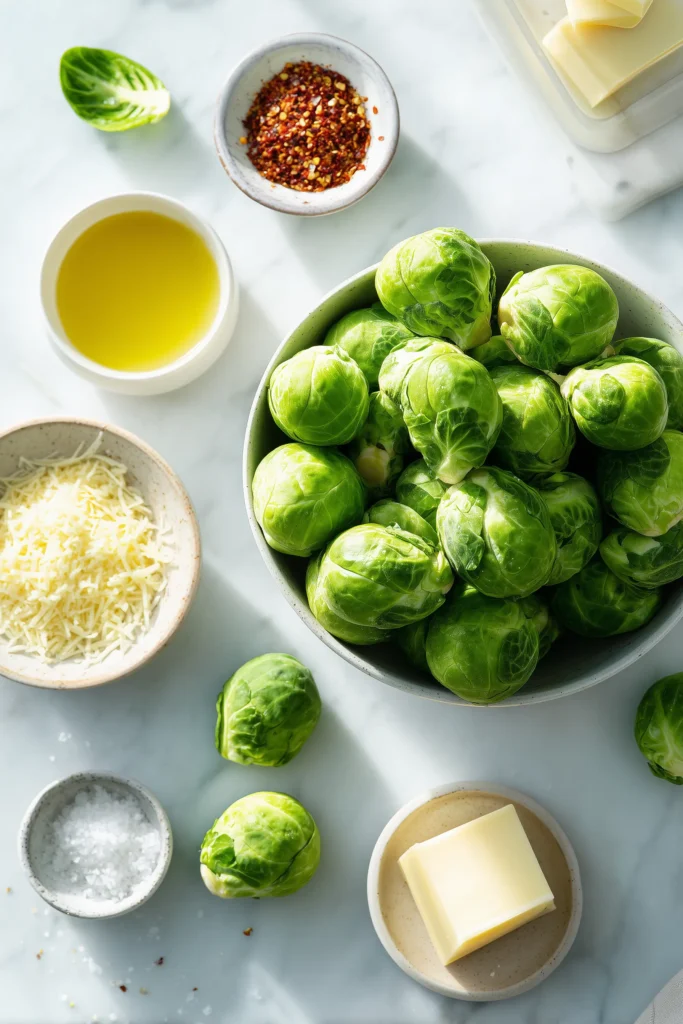 Saltgrass Steakhouse Brussels Sprouts Recipe 2 Overhead shot of Saltgrass Steakhouse Brussels Sprouts Recipe ingredients on white marble, including sprouts, oil, cheese, herbs, and spices.