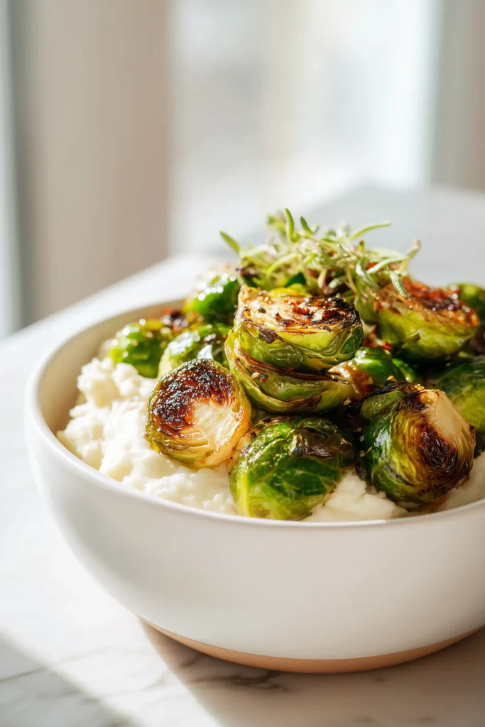 Saltgrass Steakhouse Brussels Sprouts Recipe 4 Saltgrass Steakhouse Brussels Sprouts Recipe served as a side with mashed potatoes and steak on a light marble table.