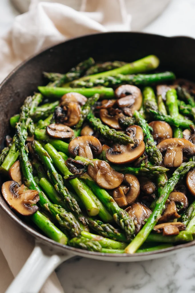 A bright skillet filled with crispy Sauteed Asparagus and Mushrooms, ready to serve.