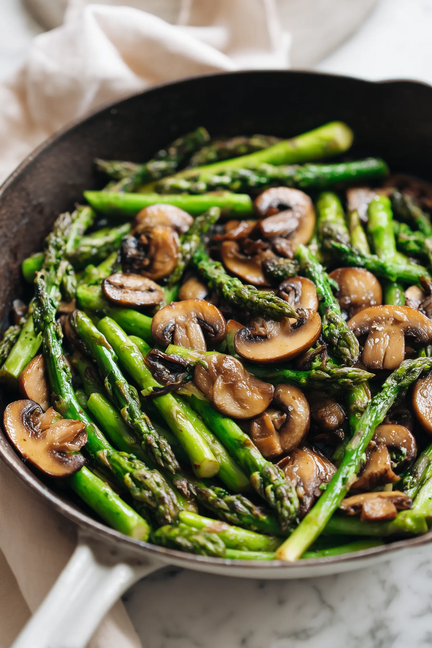 A bright skillet filled with crispy Sauteed Asparagus and Mushrooms, ready to serve.