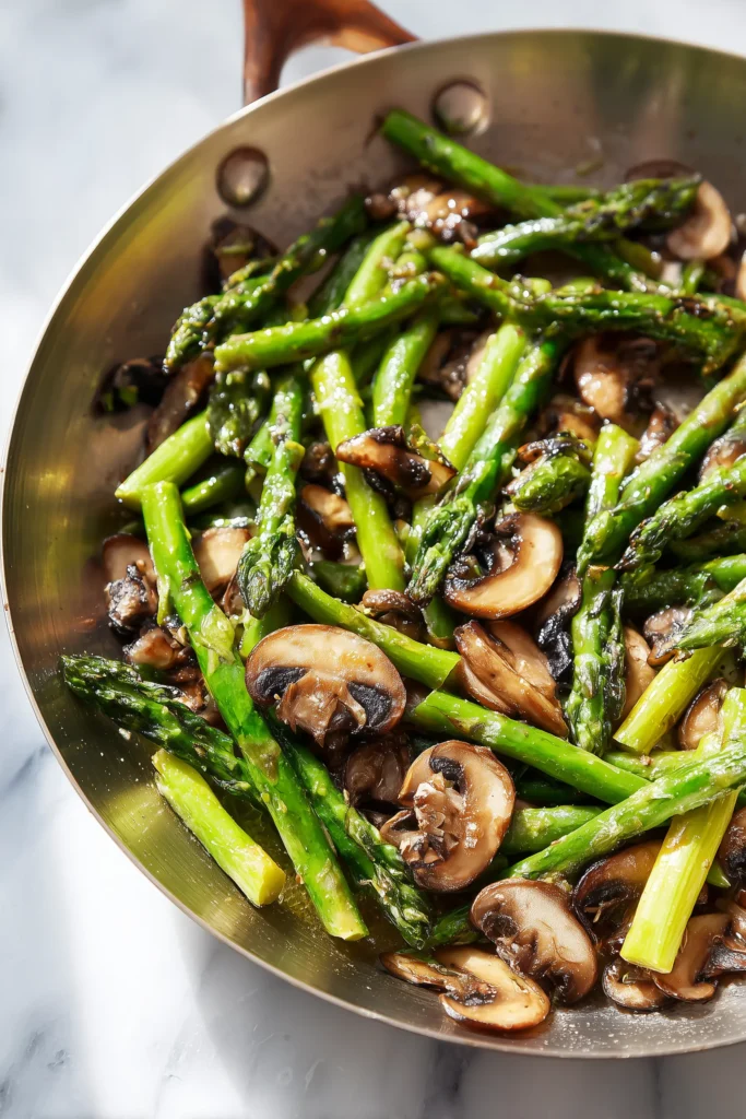 Overhead look at Sauteed Asparagus and Mushrooms cooking in a skillet.