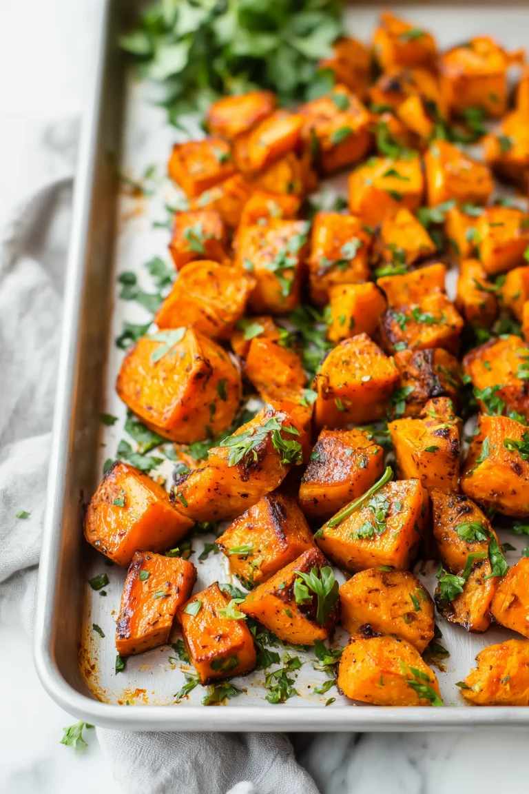 Close-up of Savory Garlic Butter Roasted Sweet Potatoes with crispy edges and fresh parsley on a white marble sheet pan.