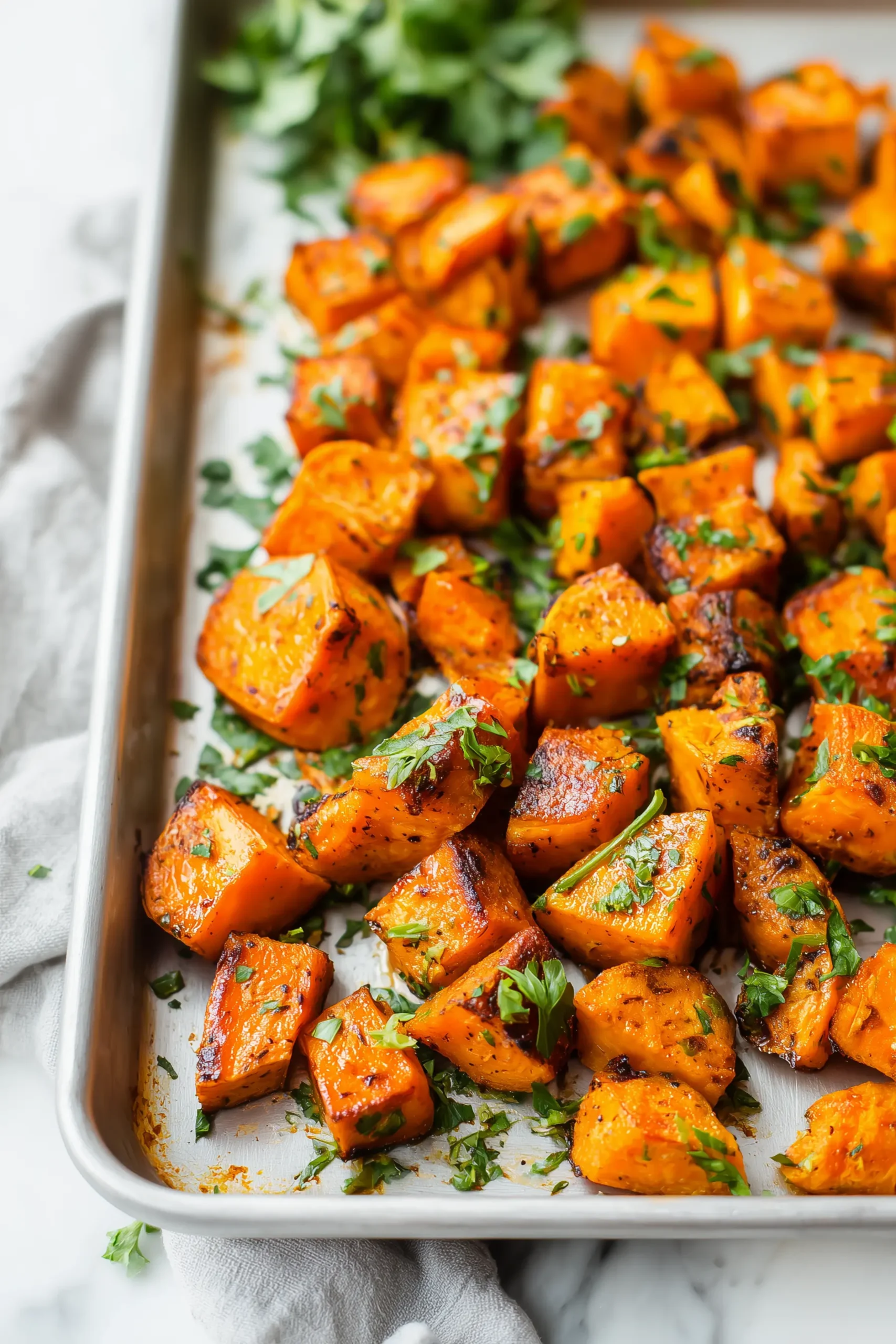 Close-up of Savory Garlic Butter Roasted Sweet Potatoes with crispy edges and fresh parsley on a white marble sheet pan.