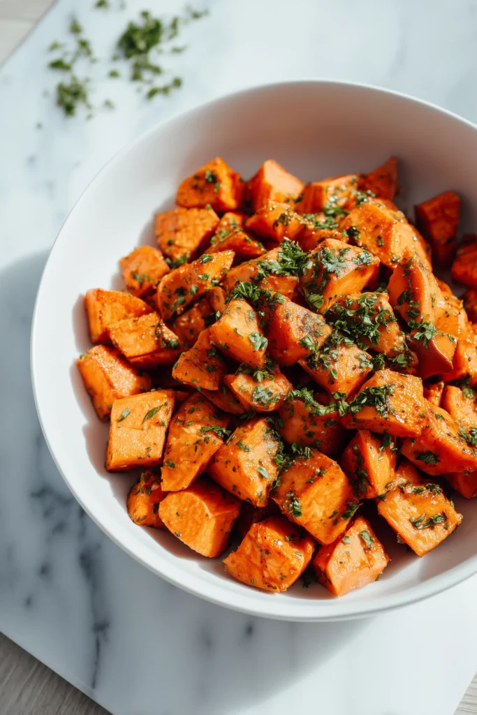 Sweet potato cubes coated in garlic butter in a mixing bowl, prepped for roasting for Savory Garlic Butter Roasted Sweet Potatoes.