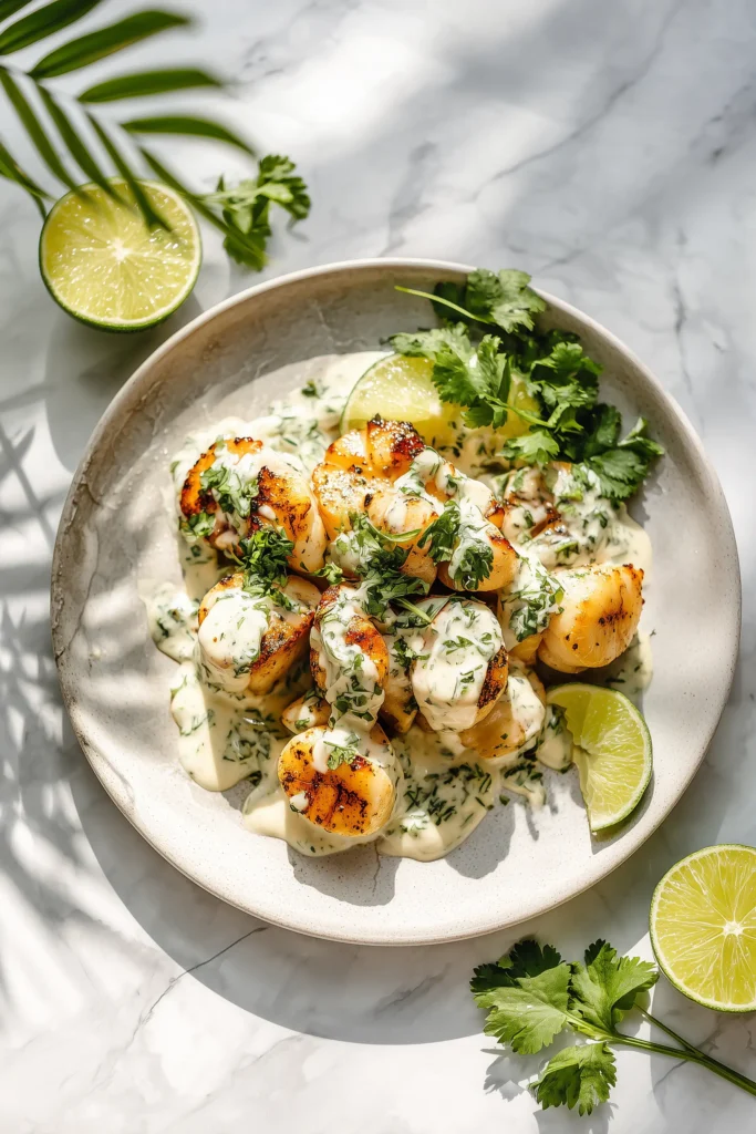 A plate of Sizzling Scallops with Zesty Lime Cilantro Sauce garnished with cilantro and lime.