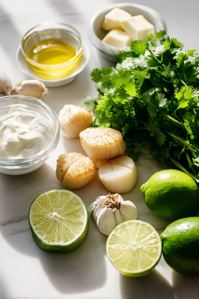 Overhead view of fresh ingredients for Sizzling Scallops with Zesty Lime Cilantro Sauce including scallops, limes, cilantro, and more.