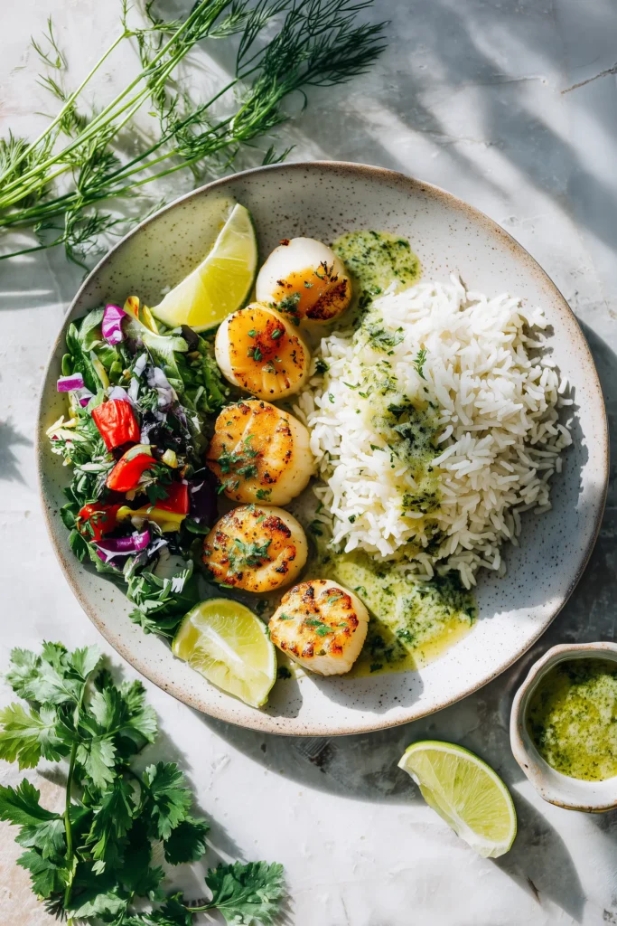 Sizzling Scallops with Zesty Lime Cilantro Sauce plated with coconut rice and salad.