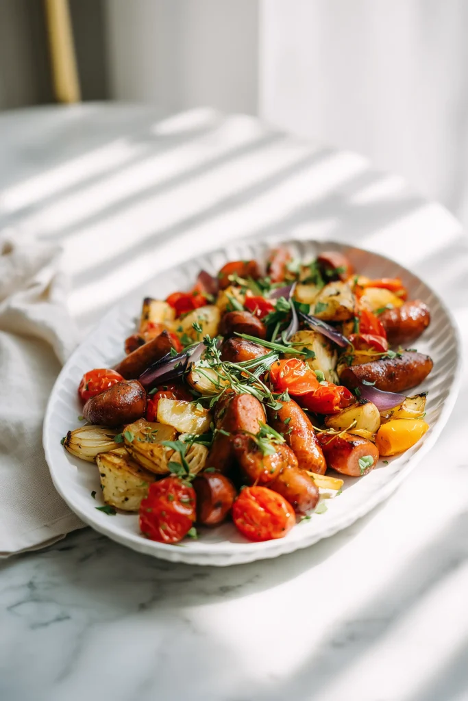 Platter of golden Air Fryer Sausage and Veggies with herbs, perfect for sharing with family.