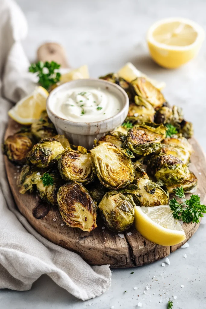Crispy Brussel Sprouts With Dijon Aioli on a cozy wooden board with aioli and lemon wedges.