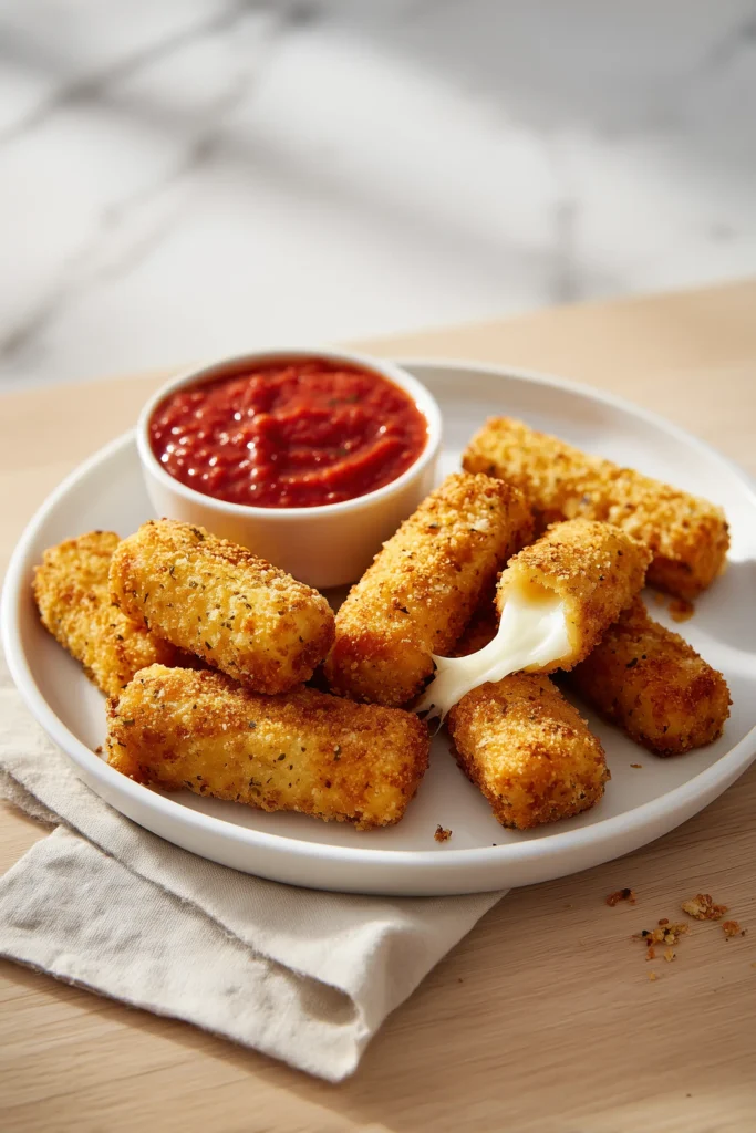 Golden Irresistible Cottage Cheese Cheese Sticks on a plate with marinara dip, ready to eat.