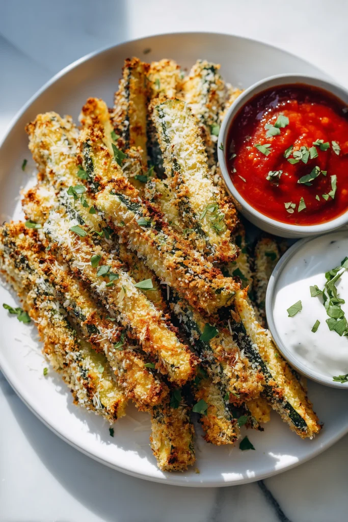 Air Fryer Zucchini Fries 4 Platter of Air Fryer Zucchini Fries with small bowls of dipping sauces and a garnish of herbs.