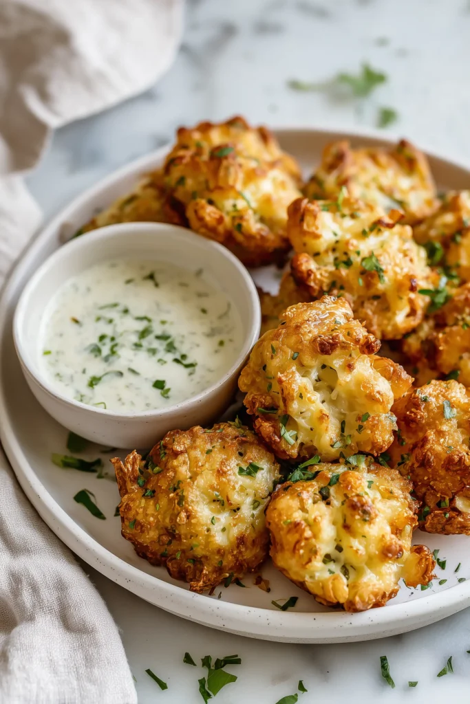 Crispy Air Fryer Mini Blooming Onions Recipe blooms on a plate with creamy dip.
