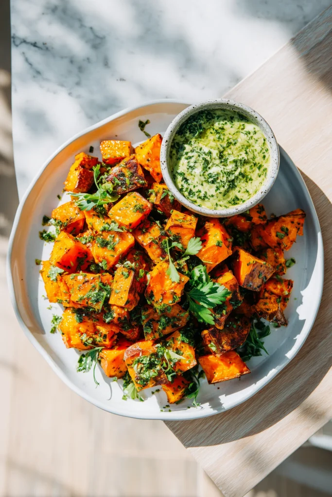 High Protein Garlic Parmesan Roasted Sweet Potatoes served on a platter with herby dip and fresh parsley.