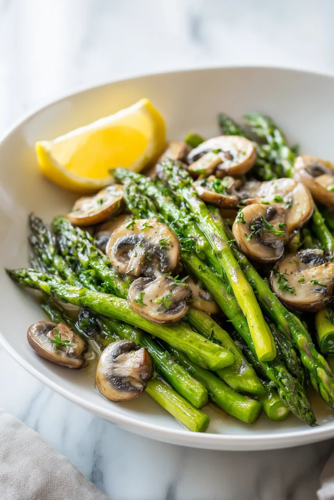Platter of Sauteed Asparagus and Mushrooms garnished with herbs and lemon, ready to serve.