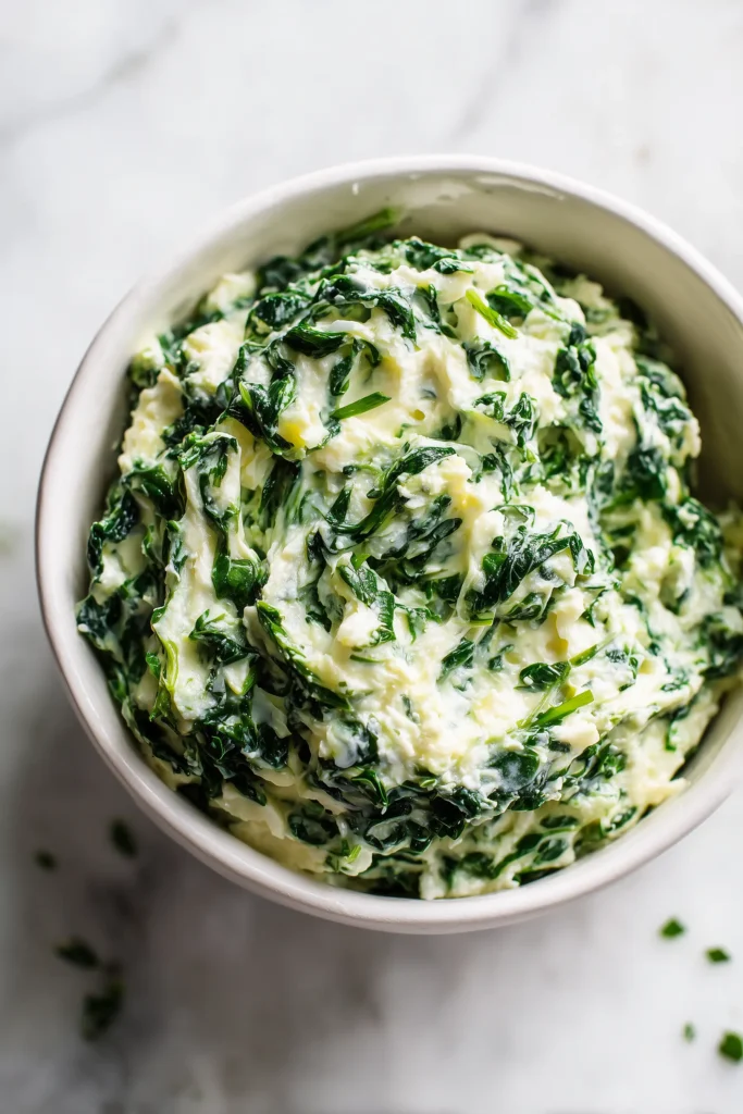 Mouthwatering Roasted Cabbage Steak Spanakopita Melts 2 Creamy spinach, ricotta, and feta mixture for mouthwatering roasted cabbage steak spanakopita melts in a white bowl.