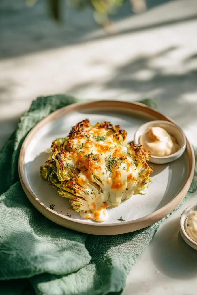 Mouthwatering Roasted Cabbage Steak Spanakopita Melts 4 A single mouthwatering roasted cabbage steak spanakopita melt on a plate with herbs and creamy sauce.
