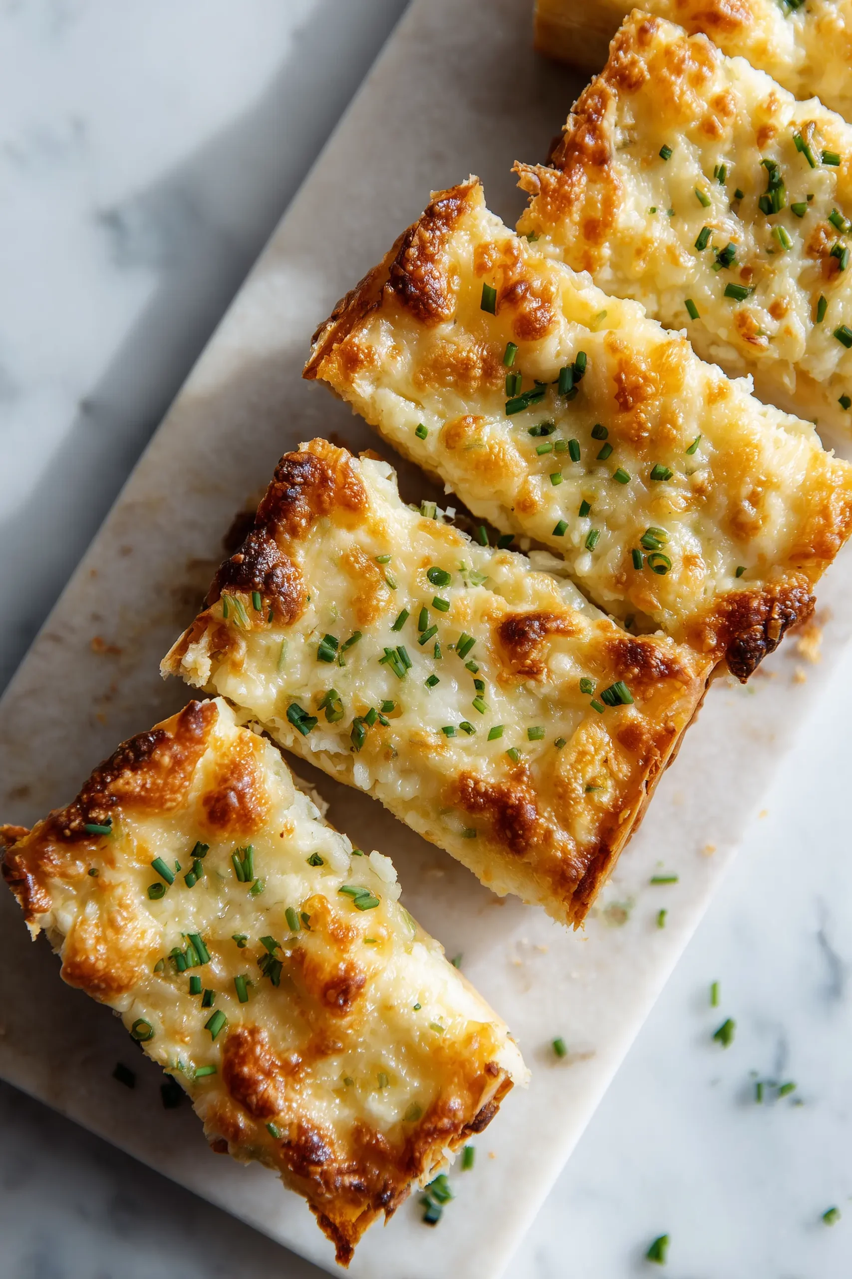Spinach and Cheese Squares with golden, flaky pastry sliced on a white marble background.