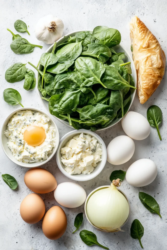 Ingredients for Spinach and Cheese Squares including spinach, cheeses, and pastry on a marble background.