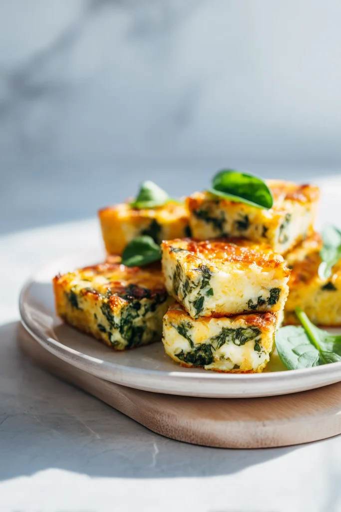 Serving plate with Spinach and Cheese Squares arranged neatly and ready to eat.